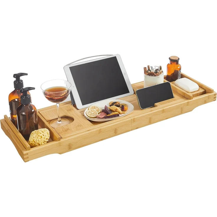 Badewannenablage aus Bambus, ausziehbar, verstellbares Badewannenbrett, Ablage für Badewannen, mit Getränkehalter, Handy-Stütze, Seifenablage, (75-109) x 23 x 4,5 cm, naturfarben BCB88Y – Bild 1