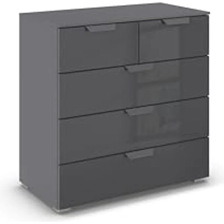 rauch Aditio Box, Kommode, 5 Schubladen, mit Glasfront, mit Softclose-Funktion, Farbe Grau metallic, BxHxT 80x81x42cm