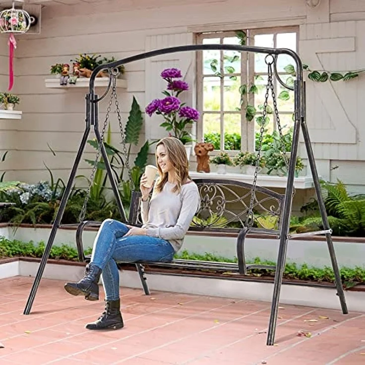 Outsunny Hollywoodschaukel mit A-Rahmen und zusätzlicher Stützstange, 3-Sitzer, Bettfunktion, Hollywoodschaukel, 1 tlg, Hollywoodschaukel, für Garten, Balkon, Schwarz – Bild 2