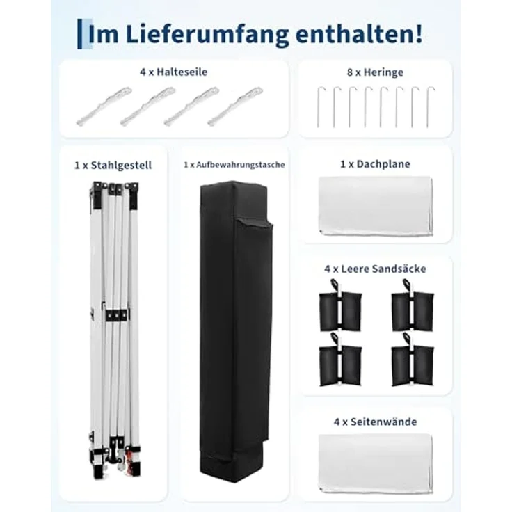 Faltpavillon 3x3 m wasserdicht stabil mit 4 Seitenwänden – Pop up Pavillon faltbar aus 420D Oxford, UV-Schutz 50+, 3-Fach höhenverstellbar, Partyzelt mit Tragetasche für Garten & Outdoor (Weiß) – Bild 5
