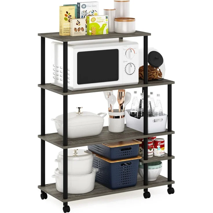 Furinno Turn-N-Tube 4-stufiger, werkzeugloser Küchenregalwagen mit breitem Lagerregal, Französische Eiche Grau/Schwarz – Bild 1