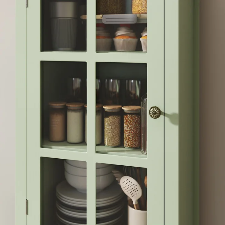 Mintgrüner Vitrinenschrank mit Glastür und 2 Schubladen, Vintage Hochschrank aus MDF mit Massivholzbeinen, Saugroboter-tauglicher Aufbewahrungsschrank für Wohnzimmer, Esszimmer, Flur--Grün--50x40x133cm--YOUDENOVA – Bild 5