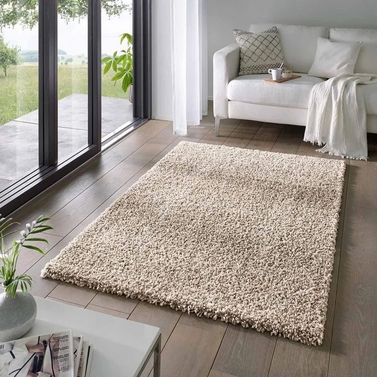 TaraCarpet Langflor-Teppich Venezia Shaggy, rechteckig, Höhe: 35 mm, Hochflor Shaggy Uni Beige Wohnzimmer Schlafzimmer 080x150 cm