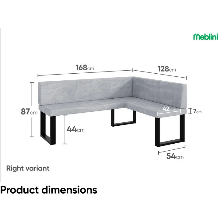 MEBLINI Eckbank für Esszimmer - Küchenbank - Essecke - Sitzecke Küche - TONI - U-Beine 128x168x87cm Rechts - Hellgrau Samt – Bild 7