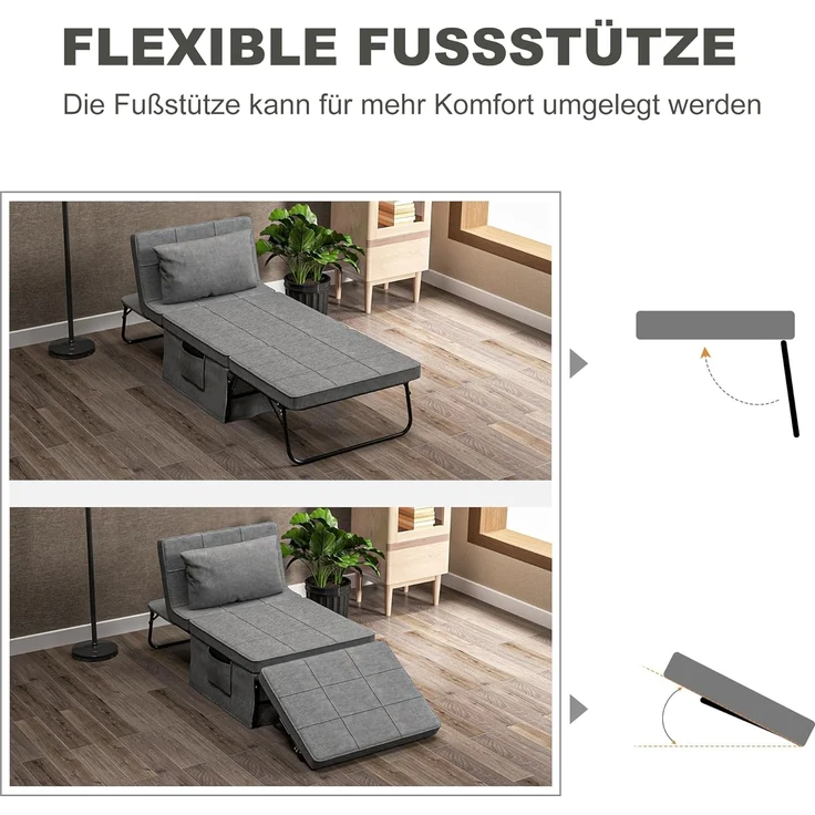 HOMCOM Gästebett 4-in-1 Einzelbett Klappbett klappbare Reisebett Ottomane mit Matratze (5-Stufen Höhenverstellbar, 1-St, mit stabilem Stahlrahmen) Grau, 188 x 75 x 38 cm – Bild 2