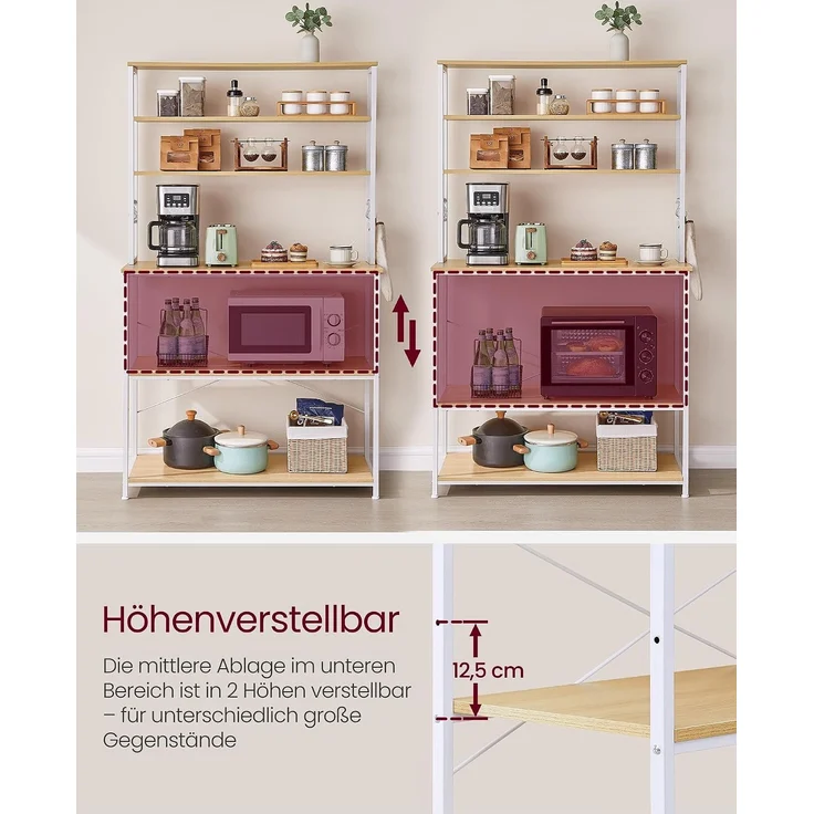 Vasagle Küchenregal mit Ablage und 6 Haken, Stahl eichenfarben-weiß, 40 x 100 x 167 cm – Bild 7