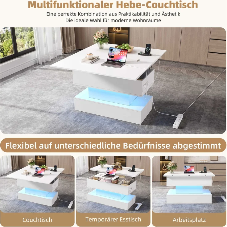 Couchtisch Weiß mit Hebefunktion, 100 x 50 x 51,5 cm, ausziehbar,LED-Licht steuerbar per App, USB- und Typ-C-Steckdose – Bild 7