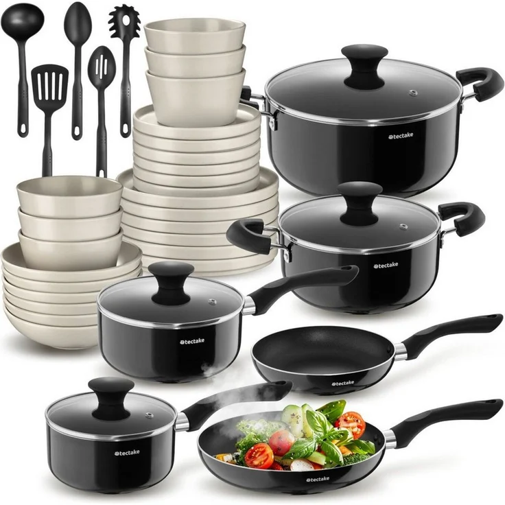 tectake Kochbesteck-Set Küchenstarterset (39-tlg), Geschirrset aus Steingut, mit Glasur – Bild 5