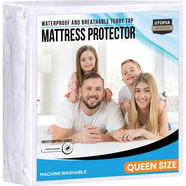 Utopia Bedding Premium 200 GSM 100% Waterproof Mattress Protector, Terry Mattress Cover, Breathable, Fitted Style All Around Elastic (Queen)