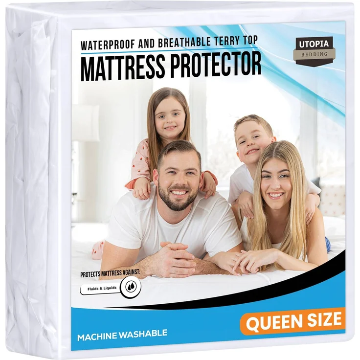Utopia Bedding Premium 200 GSM 100% Waterproof Mattress Protector, Terry Mattress Cover, Breathable, Fitted Style All Around Elastic (Queen)