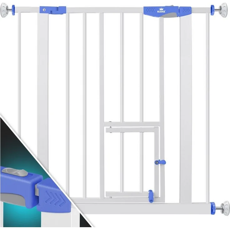 KIDIZ® Absperrgitter zum Klemmen mit Katzenklappe, Türschutzgitter, Autoclose Kinder Treppengitter ohne Bohren | 90° Stopp Schutz, schwenkbar, Treppenschutzgitter Blau, 74 - 80 cm