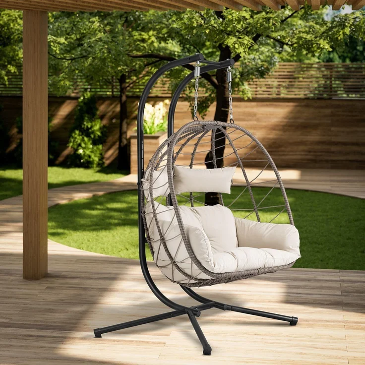 Juskys Doppelhängesessel Aria - Polyrattan Hängesessel mit Gestell & Kissen - Schaukel für zwei Personen - Outdoor Indoor Sessel - XXL Korb Beige – Bild 2