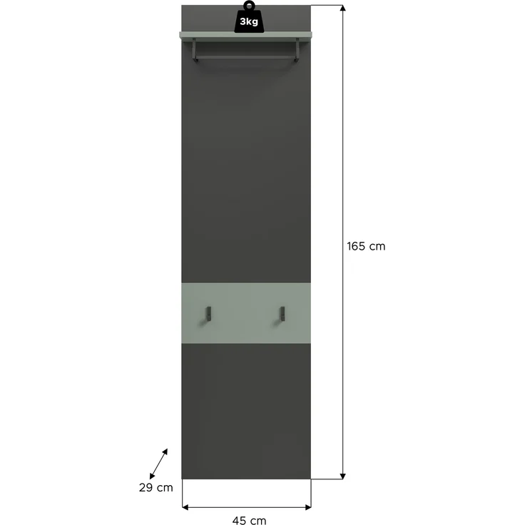 Garderobenpaneel >Canu< in Basalt Grau / Smoke Green - 165x45x29cm (BxHxT) – Bild 3