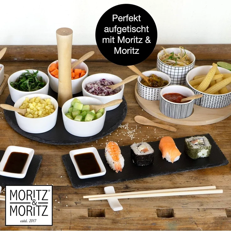 Moritz & Moritz Servierplatte Servierplatte mit Dip Schälchen, Schiefer, Keramik, Bambus, (Curry, 7-tlg) – Bild 7