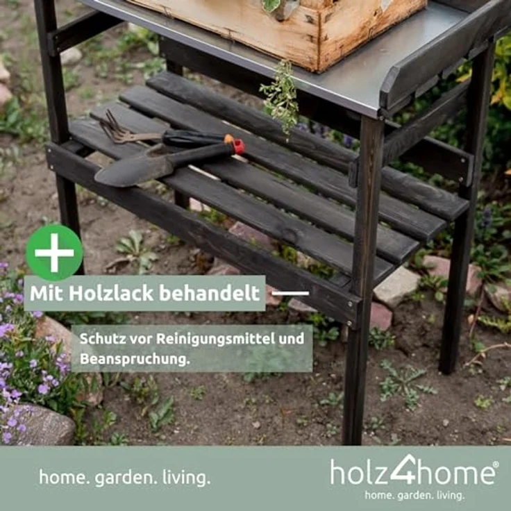 holz4home® Pflanztisch Gartentisch aus Holz für Gartenarbeiten & Pflanzen, Dunkler Look, Verzinkte Arbeitsplatte – Bild 3