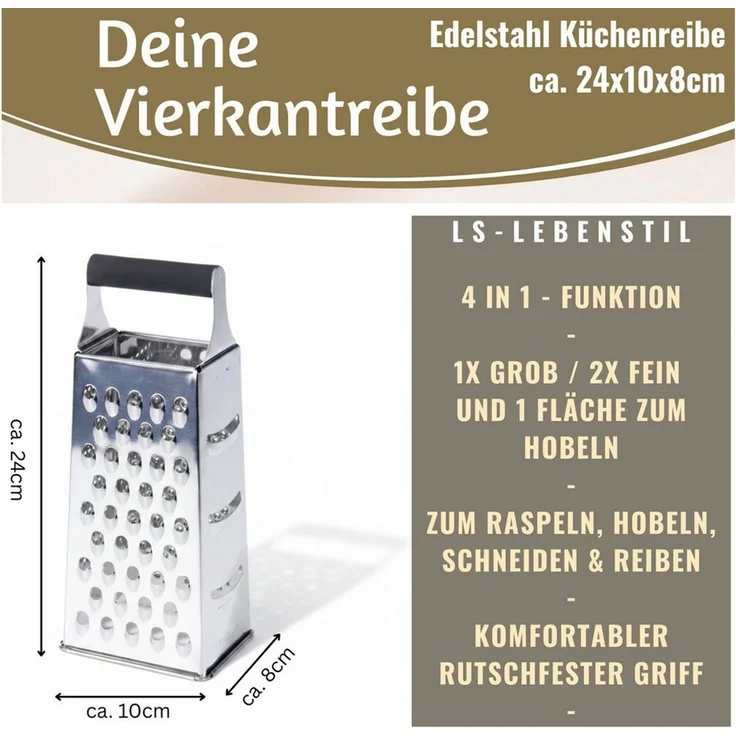 LS-LebenStil Vierkantreibe Edelstahl Gemüsereibe 24cm 4-fach Käsereibe Küchenreibe Gurkenhobel, Edelstahl, (Parmesanreibe Kartoffelreibe Käsereibe Käsehobel, 1-St, Obst Gemüse Kartoffeln Käse Hobel Raspel), zum Reiben, Schneiden, Raspeln und feinen Zer... – Bild 2