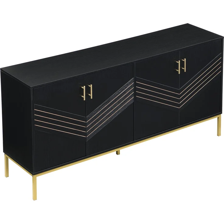 ZUBALIYA Sideboard 160x40x80,5 cm, mit verstellbaren Einlegeböden, mit 4 Türen, aus MDF, Schwarz / Holzfarben – Bild 16
