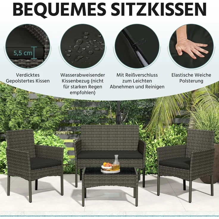 Yaheetech Balkonset Gartenmöbel-Set 4-er Set Rattanmöbel für 4 Personen, Gartengarnitur aus Zweisitzer-Sofa & 2 Einzelsofas & Kaffeetisch – Bild 6
