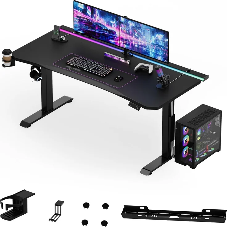JUMMICO Höhenverstellbarer Schreibtisch 160x70 cm Elektrisch Gaming Tisch | Sitz-Steh Schreibtisch mit Doppelmotor, 4 Speicherplätzen, Gaming-/Büroschreibtisch mit LED-Lichtleiste & Kabelmanagement