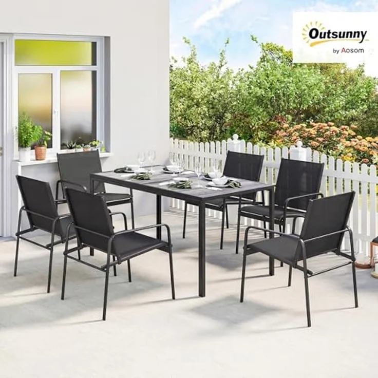 Outsunny Garten-Essgruppe Tisch mit 6 Atmungsaktiven Stühlen, Holzoptik, Stahlrahmen, (Gartenset, 7-tlg, Gartenmöbel Set), für Garten Balkon Terrasse Schwarz – Bild 2