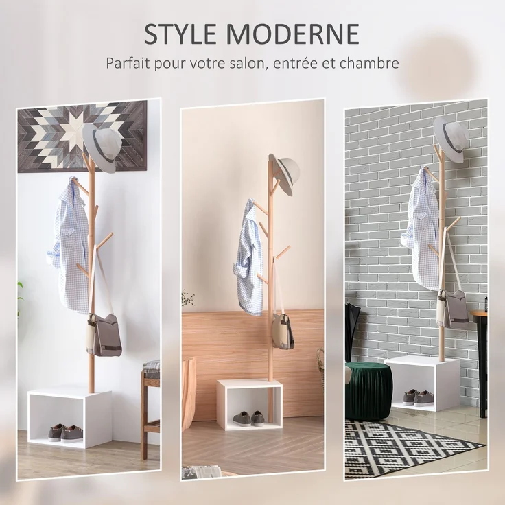 MELAYR, Gemütliche 2-in-1-Garderobe und Aufbewahrungseinheit, 40 x 30 x 180 cm (L x B x H), weißes MDF, Massivholz, Weiß – Bild 6