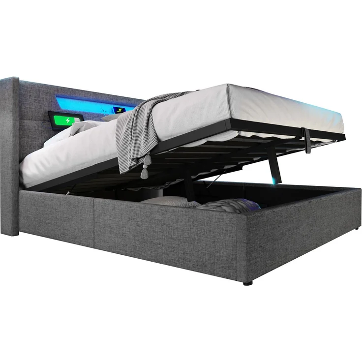 Polsterbett LED Doppelbett mit USB Typ C Ladefunktion und LED-Beleuchtung,Stauraumbetten Bettgestell aus Leinenmaterial Jugendbett 140x200 mit lattenrost(Ohne Matratze) – Bild 2