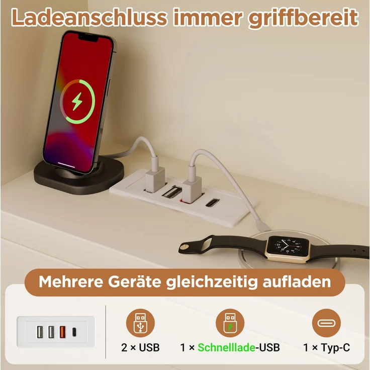 CHICFURN Bett aus Holzwerkstoff Weiß 90x200 cm mit LED-Beleuchtung, Stauraum und USB- und Type-C-Anschlüssen – Bild 6