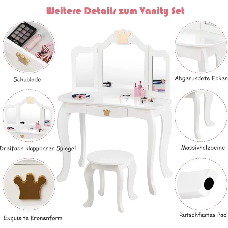 COSTWAY Kinder Schminktisch mit Hocker, Schublade & abnehmbarer Spiegel, Holz weiß, 42 x 80 x 106 cm – Bild 2