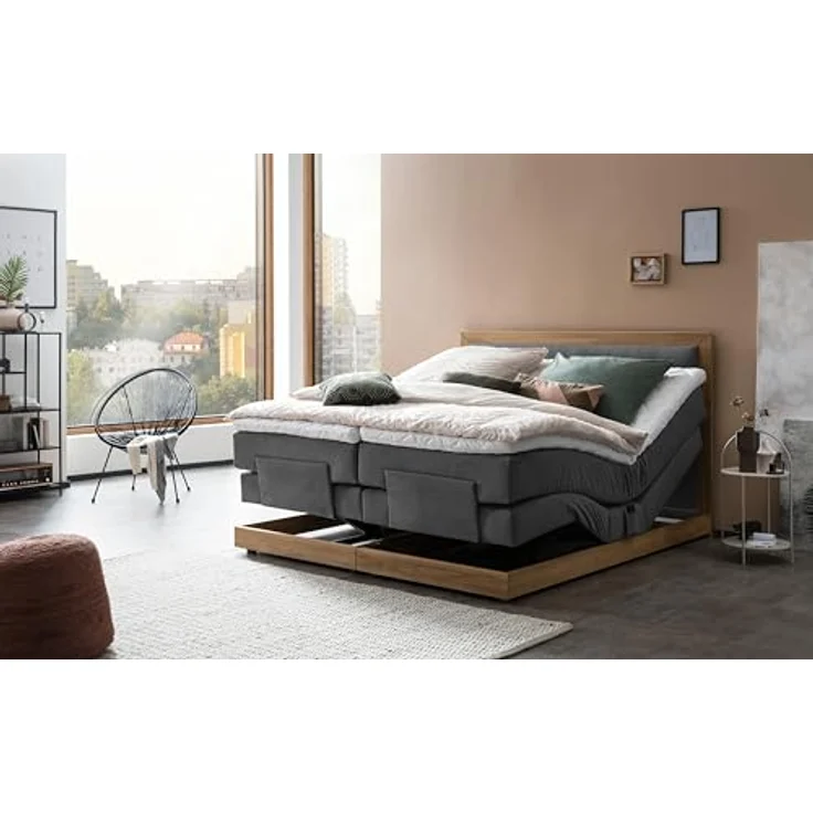Belanoti Boxspringbett MODELA (Boxspringbett 180x200 elektrisch verstellbar Bett 180x200 mit Motor, 7-Zonen Taschenfederkern Matratze inklusive Visco Topper), in der Farbe Anthrazit H2/H3 Polsterbett Motorbett mit Eiche – Bild 4