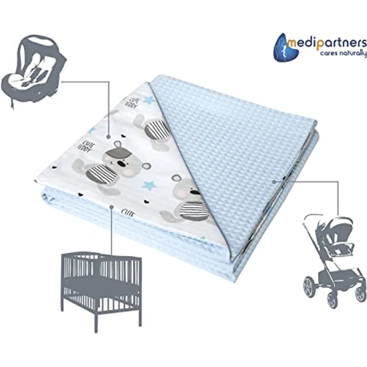 Medi Partners Babydecke Baby Decke Neugeborenen - Kuscheldecke Geschenk Babydecken 75x100 cm für Kleinkinder Mädchen Krabbeldecke Kinderbett Kinderwagen 100% Baumwolle (Teddybär mit hellblauen Waffel) – Bild 6