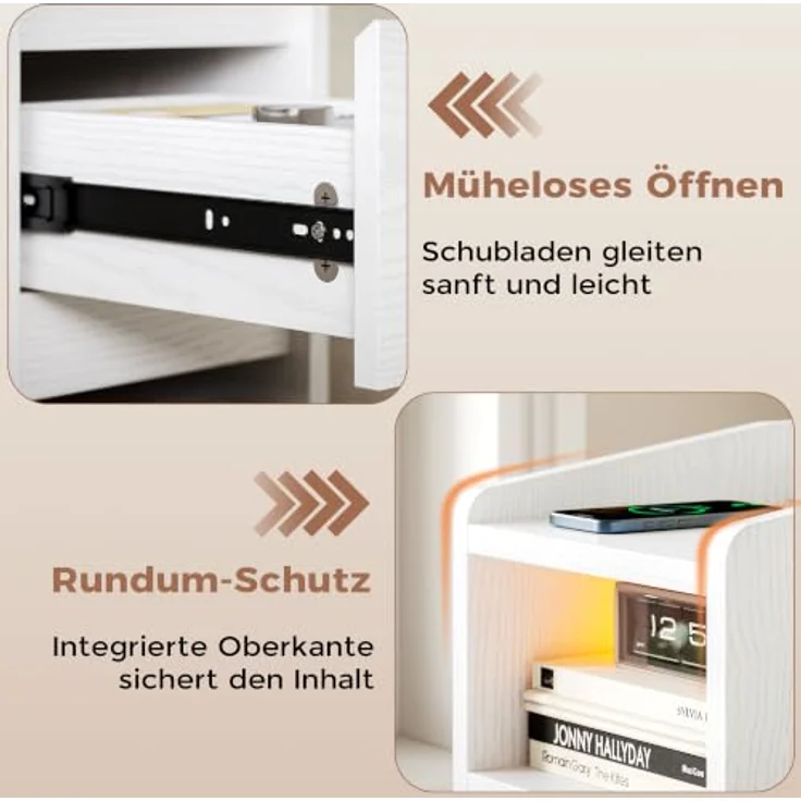 IRONCK Nachttisch Schmal (2, Weiß) | Bedside Table mit Offenem Fach für Schmale Räume Schlafzimmer, Wohnzimmer, 2 Schubladen,2 AC-Steckdosen,USB+Typ-C Anschlusse – Bild 9