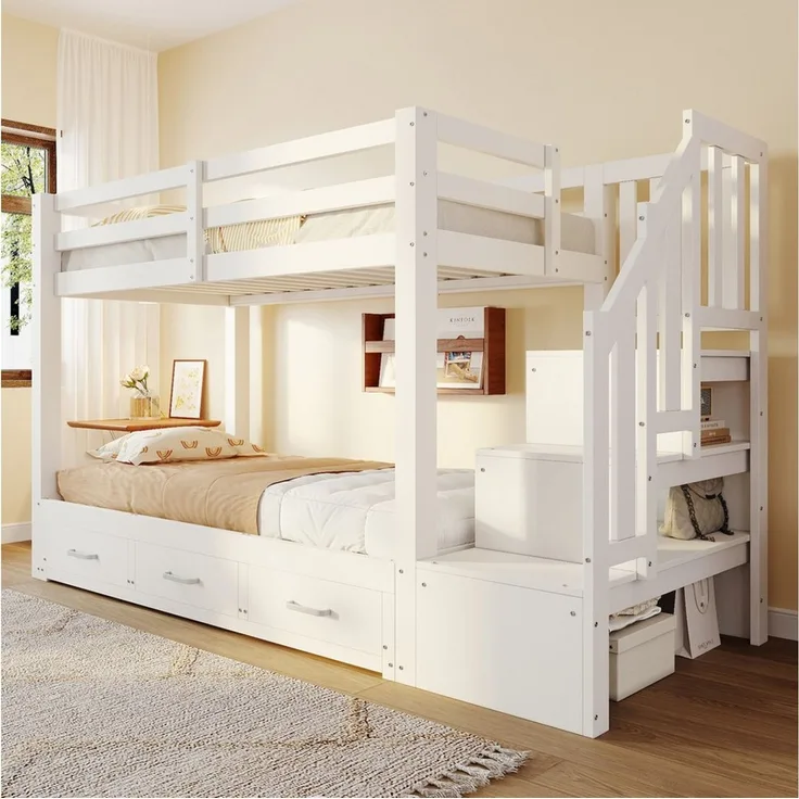 Flieks Etagenbett Oberbett 90x200cm Unterbett 90/180x190cm, Kinderbett mit Stauraumtreppe Schubladen Ausziehbett 90x190cm