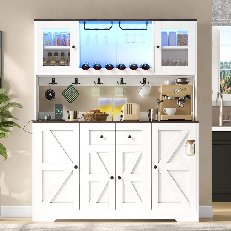 Küchenschrank, hoher Schrank mit LED-Beleuchtung und Steckdosen, Vorratsschrank mit Acrylglastüren, Weinregalen und Weinglashaltern, Vitrinenschrank für Wohnzimmer & Esszimmer, 140 × 40 × 173 cm--Weiß--140x40x173cm--YOUDENOVA – Bild 6