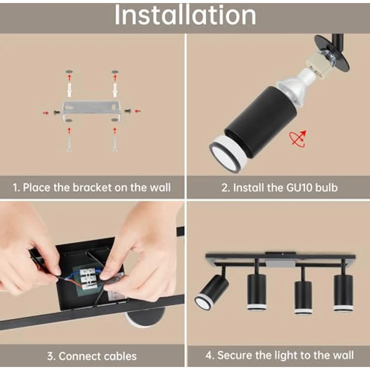 Dehobo LED Deckenstrahler 4 Flammig Schwarz GU10, Deckenlampe Strahler Schwenkbar 350°, Deckenspots für Küche Schlafzimmer Wohnzimmer, Ohne Leuchtmittel – Bild 7