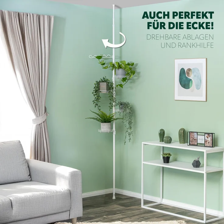 Teleskop-Blumenregal mit 4 Ablagen und Rankelhilfe, Blumentreppe höhenverstellbar von 140 bis 290 cm, weiß – Bild 5