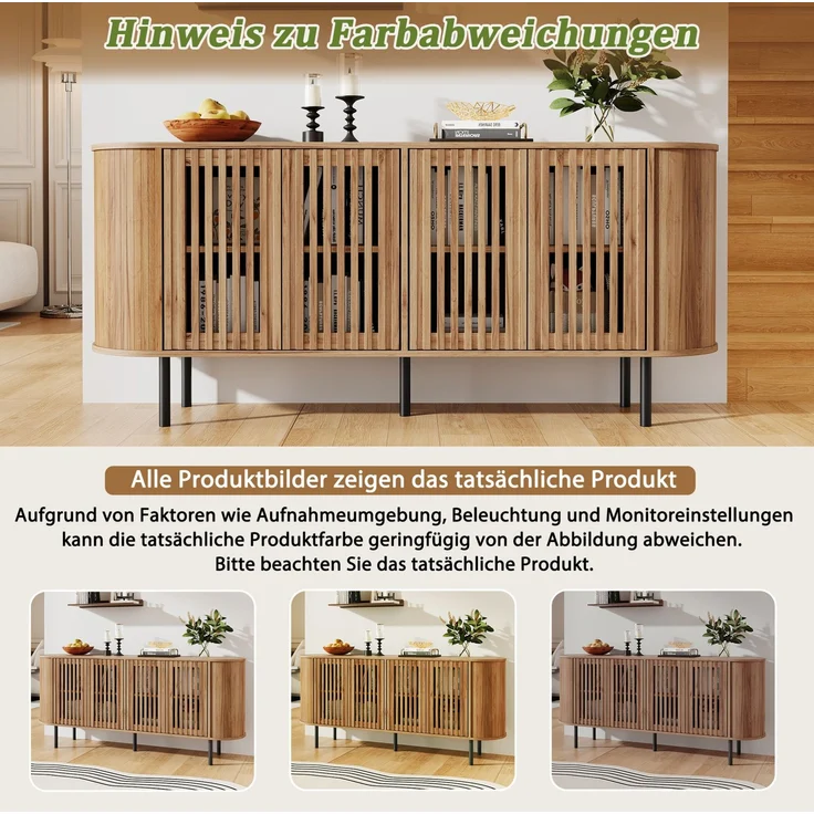 DESVIAE Sideboard Naturholzfarbe aus MDF – 160x70x40 cm – 4 perforierte Schiebetüren – Bild 4