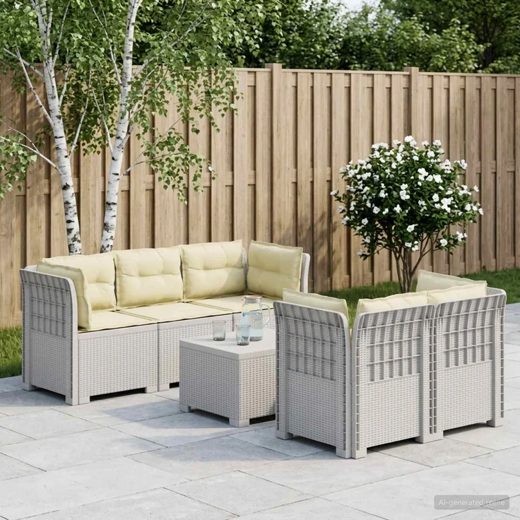 vidaXL 5-Sitzer Gartensofa mit Kissen Rattan-Look PP Weiß 3443914 – Bild 1