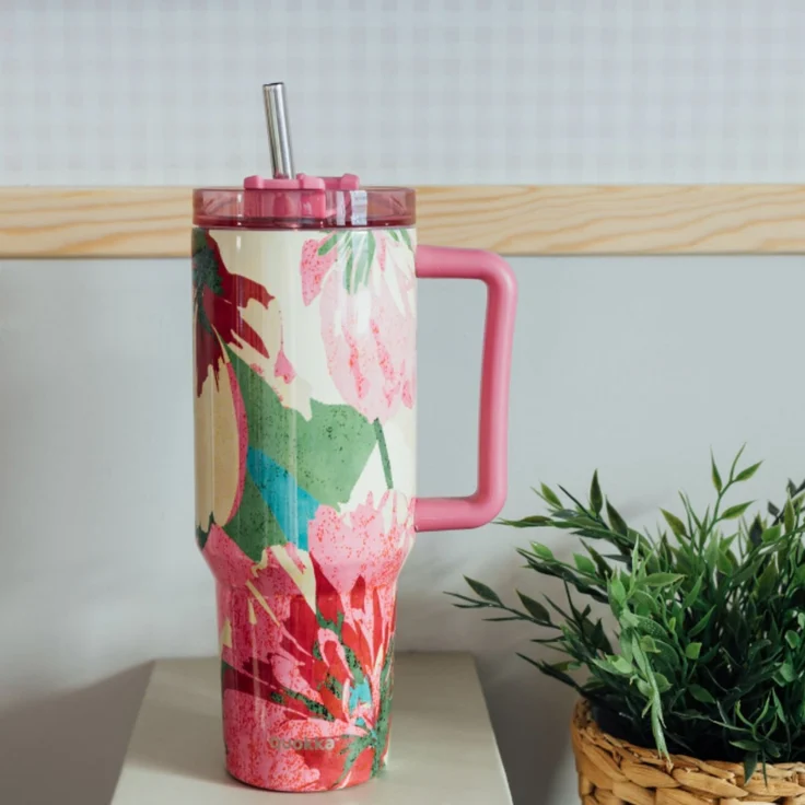 Isolierte Edelstahl-Trinkflasche mit Griff und Strohhalm, doppelwandig 1,2 L Pink Flambé – Bild 2