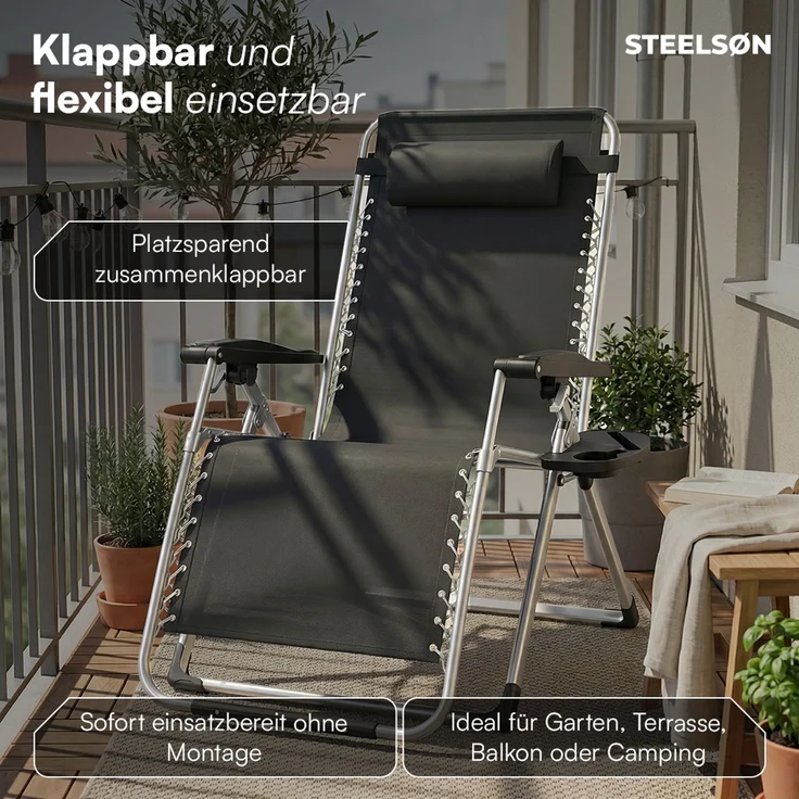 STEELSØN 'Lysira' Liegestuhl, klappbar & wetterfest, schwarz/silber, Sonnenliege mit extra dicker Polsterauflage, verstellbarer Gartenstuhl, bis 200 kg belastbar, 2er Set – Bild 6