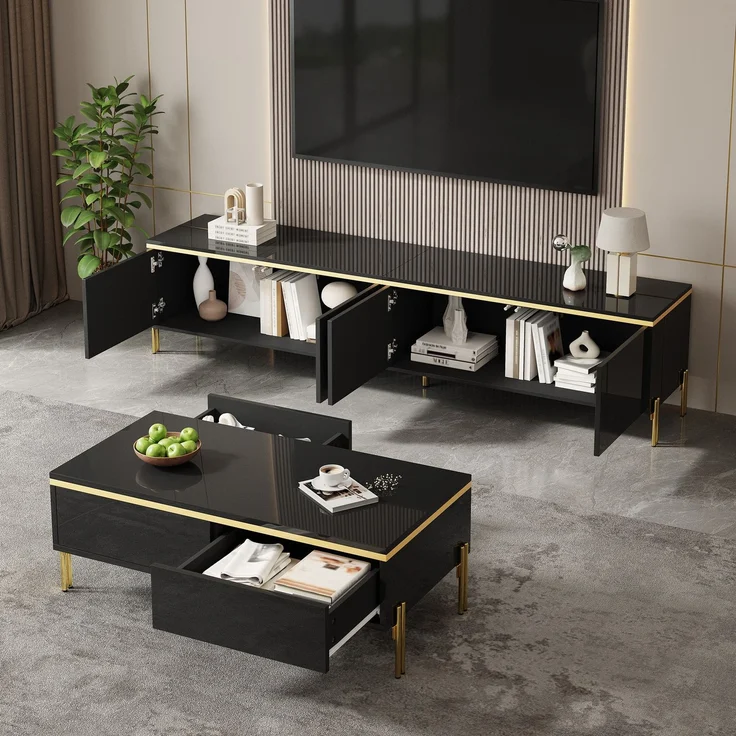 Modernes Luxus-TV-Schrank- und Couchtisch-Set , Hochglänzende Oberfläche in Unifarbe , Goldene Kanten , Großzügiger Stauraum--Schwarz--111x59.21x13.49cm--YOUDENOVA – Bild 5