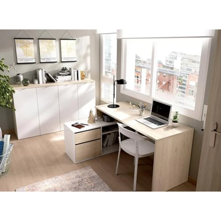 Dmora - Gardena-Schreibtisch, Schreibtisch mit Mehreren Positionen für das Büro oder Schlafzimmer, Mehrzweck-Ecktisch, 139 x 92 x 75 cm, Weiß und Eiche – Bild 9