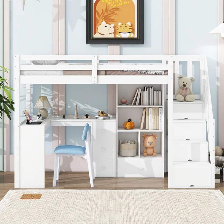 Bett 90x200 cm Hochbett mit Schreibtisch und Stauraum – Weiß, Kiefernholz/MDF