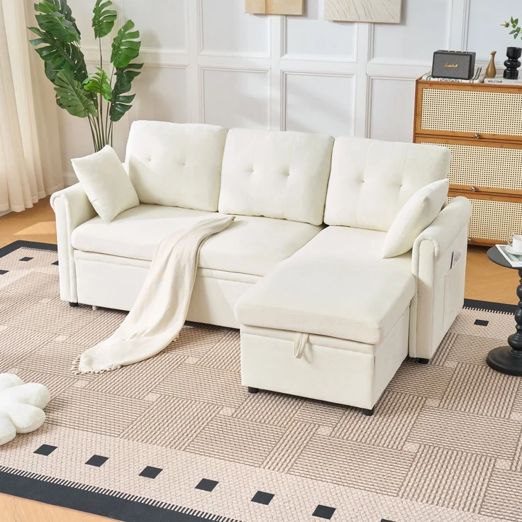 Ecksofa Schlafsofa, mit Bettkasten Schlaffunktion Stauraum beidseitig montierbar L-Form für Wohnzimmer oder Gästezimmer, Samt, Beige, — – Bild 3