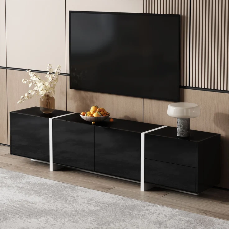 Eleganter TV-Ständer mit hochglänzendem Schwarz und weißen Beinen – 170 x 30 x 39 cm, 170x30x39 cm – Bild 5