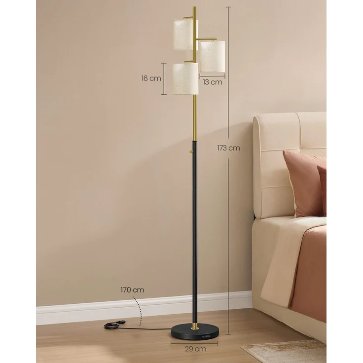 VASAGLE Stehleuchte, Standleuchte, Stehlampe mit 3 Glühbirnen, verstellbare Helligkeit, modern, Lampenschirm aus Stoff, 3 E27 Fassungen, gold-schwarz LFL003B02 – Bild 4