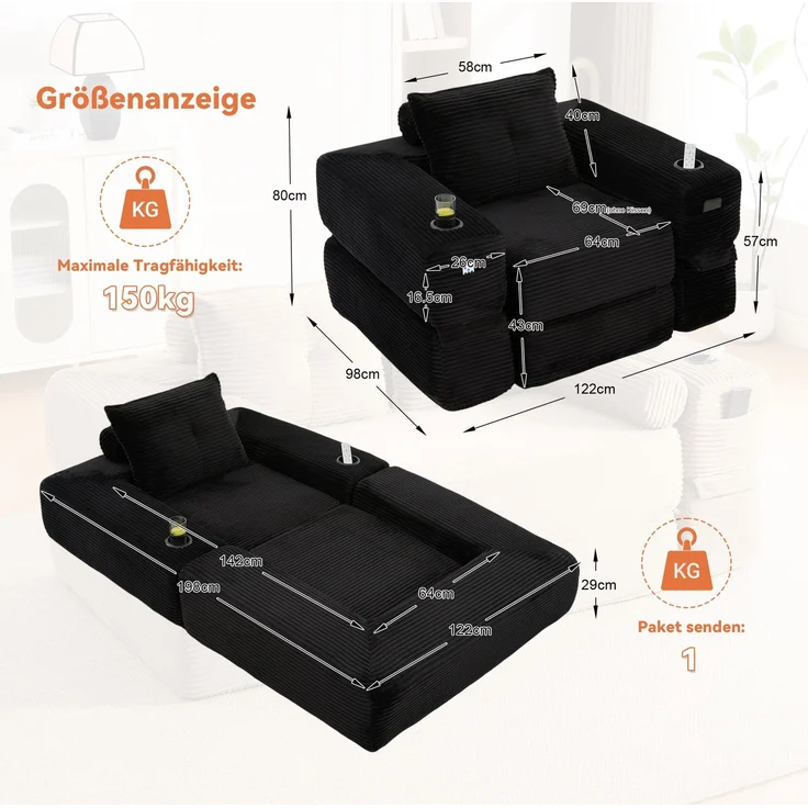 Klappsofa aus Cord mit Federkern, Getränkehalter, 122x98x80 cm, Schwarz – Bild 5