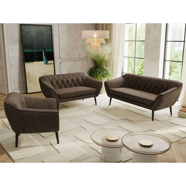 Wohnzimmerset PIRS 1-2-3, Skandinavisches Komplettset, Wellenfederung, schwarze Füße, Sitzgruppe, Möbelset - Braun Velvet – Bild 3