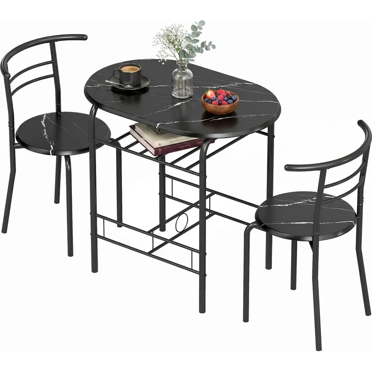MELAYR, Essgruppe 3-teilig, Küchentisch und Stühle für 2 Personen mit Regal, Wohnzimmer, 80 x 52 x 76 cm, Schwarz – Bild 2