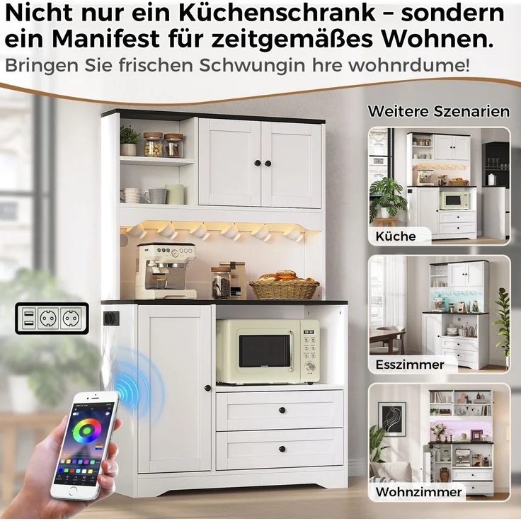 Küchenbuffetschrank mit LED-Beleuchtung & USB-Anschluss, 100x40x163 cm, Weiß – Bild 9