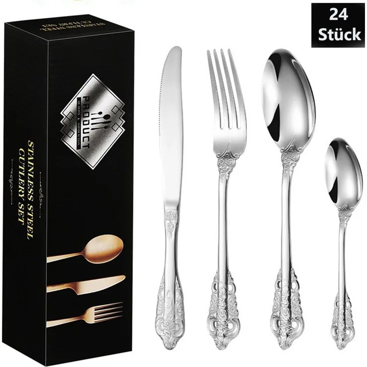 PFCTART Besteck-Set 24 Stück Silber Besteck Set, Hochwertig Edelstahl Besteck, 6 Personen (24-tlg), 6 Personen, Geprägte Design-Griffe, Bankett Essbesteck, Spülmaschinenfest
